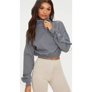 PRETTY LITTLE THING GREY RIB ZIP FRONT LONG SLEEVE SWEATSHIRT SIZE 4